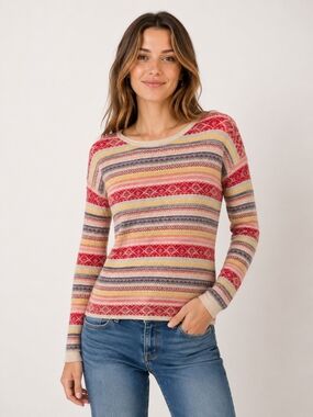 FDJ Striped Fair Isle Crewneck Sweater in Red Pink Blue Multi Knit Size Small